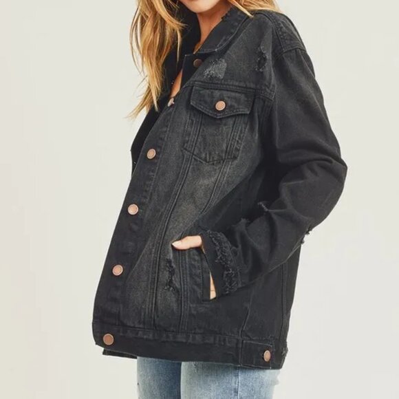 RISEN Full Size Distressed Long Sleeve Denim Jacket - Picture 3 of 6